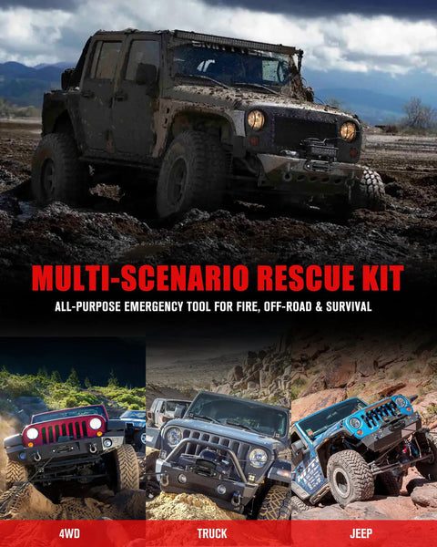 Off-road vehicles in muddy terrain showcasing multi-scenario rescue kit tools for fire, off-road, and survival use.
