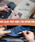 Applying Eight 10Ml Tubes Shoe Glue Repair Kit With Sanding Sticks And Rubber Bands For Sneakers High Heels Crocs And More Clear Drying Durable Sole Fix For Extreme Conditions on black shoe.