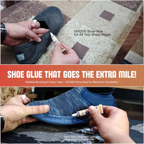 Applying Eight 10Ml Tubes Shoe Glue Repair Kit With Sanding Sticks And Rubber Bands For Sneakers High Heels Crocs And More Clear Drying Durable Sole Fix For Extreme Conditions on black shoe.