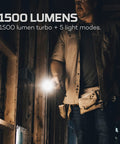 Man using Rechargeable 1500 Lumen Flashlight With Turbo Beam Go-To 5 Modes Magnetic Base 2x Zoom Waterproof EDC Torch