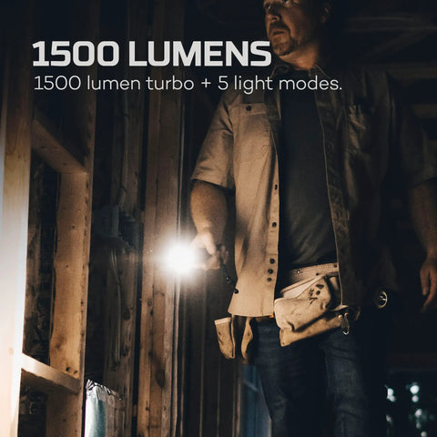 Man using Rechargeable 1500 Lumen Flashlight With Turbo Beam Go-To 5 Modes Magnetic Base 2x Zoom Waterproof EDC Torch
