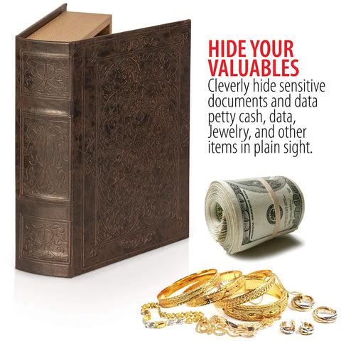 Faux Book Safe With Hidden Compartment For Small Valuables And Cash A Clever Stash Box Hides jewelry next to a rolled cash bundle.