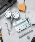 Beefy Four Wheel Trolley Barn Door Rollers Kit parts with bolts and tools for 1-3/4 Inch rails and 2-1/4 Inch tracks