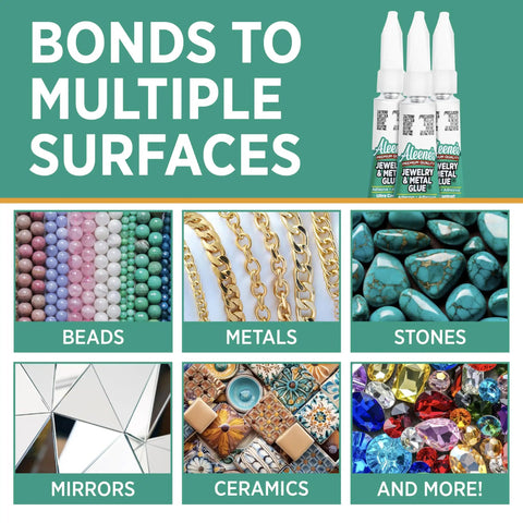 Jewelry And Metal Glue For Instant Bond, Waterproof And Clear Drying with examples of use on beads, metals, stones, mirrors, ceramics.