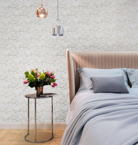 Top Shelf Vinyl Textured Wallpaper In Crisp Off White Cream Accented With Shimmery Gold Mica Chips Washable Removable And Humidity Friendly Wall Roll For Low Key Room Refreshes in a modern bedroom setting.
