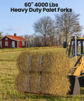 Tractor lifting hay bales with 60 Inch Clamp On Pallet Forks With 4000 Lbs Capacity Heavy Duty Quick Attach Bucket Fork