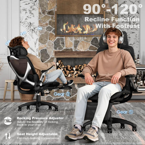 Two people relaxing in X100 Ergonomic Mesh Office Chair With Footrest For All Day Comfort In Home Office And Gaming Game Ready.