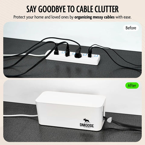 Before and after using Big Cord Clutter Killer Cable Management Box That Hides Power Strips And Messy Cords ABS Safe Organizer XL
