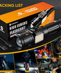 Beast Mode Brightness 100000 Lumen USB C Rechargeable Flashlight With LCD Display And Dual Light Source in packaging with accessories.