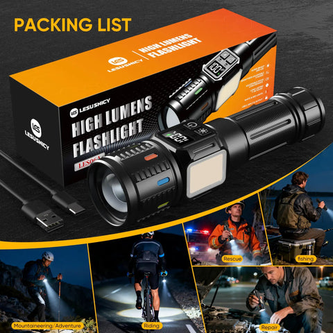 Beast Mode Brightness 100000 Lumen USB C Rechargeable Flashlight With LCD Display And Dual Light Source in packaging with accessories.