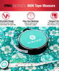 ProSeries 98 Inch Retractable Tape Measure with leatherette case on floral fabric, showing clear dual markings.