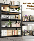 Detachable 5 Tier Storage Shelves For Pantry Kitchen Closet, Adjustable Modular Metal Shelving System With Height Configurable Levels, Easy Setup And Quick Disassembly For Flexible Home Organization. Black 5-tier metal shelf with wooden boards in office storage use