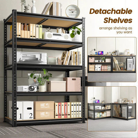 Detachable 5 Tier Storage Shelves For Pantry Kitchen Closet, Adjustable Modular Metal Shelving System With Height Configurable Levels, Easy Setup And Quick Disassembly For Flexible Home Organization. Black 5-tier metal shelf with wooden boards in office storage use