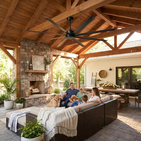 Monster 100 Inch Ceiling Fan No Light With Remote Control, Industrial Black, installed in a cozy outdoor patio setting
