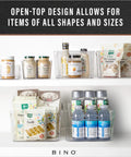 Smooth Operator Clear Plastic Storage Bins Large Two Pack Tough As Nails Multipurpose Pantry Organizers Fridge Compartments with various items.