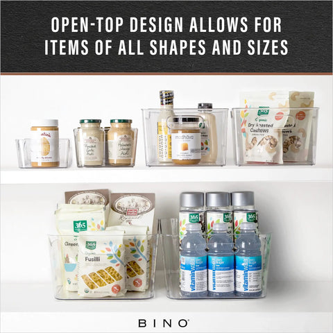 Smooth Operator Clear Plastic Storage Bins Large Two Pack Tough As Nails Multipurpose Pantry Organizers Fridge Compartments with various items.