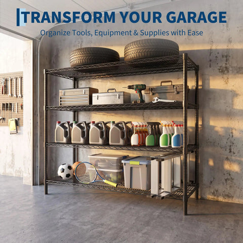 Solid Build Top Tier Heavy Duty Four Tier Metal Wire Shelving Rack With Rust Resistant Powder Coated Steel Frame For Tough Garage Storage and Apartment Setup with tools and supplies.