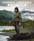 Angler holding Deluxe Bait Binder For Soft Plastics And Rigs Water Resistant Tackle Storage System with zippered sleeves by a lakeside.
