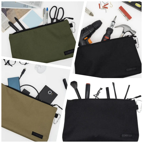 Heavy Duty Tool Pouch Set Large 12 Inch Zipper Bags with flat bottom YKK zippers 3 pack canvas organizer holding tools and gear.