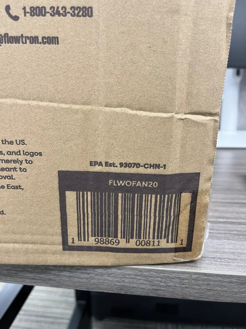 Cardboard box with barcode FLWOFAN20 and EPA number visible, part of Bug Trap Lantern 2-In-1 Mosquito Trap And LED Camping Lantern packaging