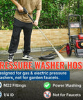 Person using Beefy 50 Ft Pressure Washer Hose One Quarter Inch 3200 Psi Kink Resistant Replacement Hose with M22-14mm fittings
