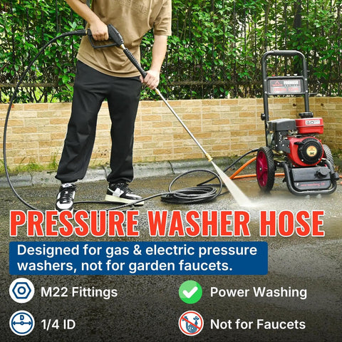 Person using Beefy 50 Ft Pressure Washer Hose One Quarter Inch 3200 Psi Kink Resistant Replacement Hose with M22-14mm fittings