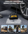 Person using H2 Pro Cordless Tire Inflator Portable Air Compressor With Dual Power 12V DC And Battery Supplies for car tire inflation