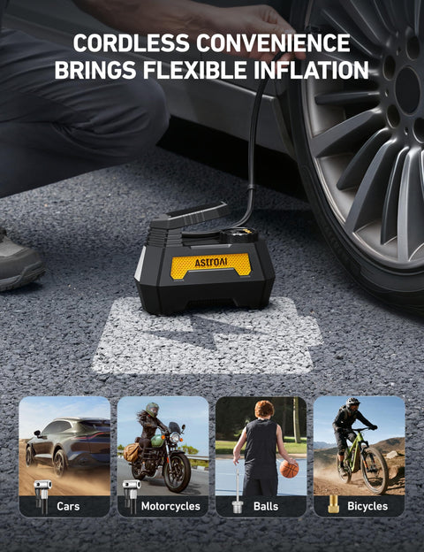 Person using H2 Pro Cordless Tire Inflator Portable Air Compressor With Dual Power 12V DC And Battery Supplies for car tire inflation