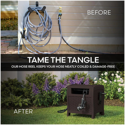 Before and after using hose reel with Smart Trak hose guide for smooth kink-free winding, brown resin box, 225 ft capacity