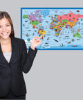 World And United States Map Posters For Kids Double Pack Laminated 18 By 29 Inches Colorful Illustrated Kid Friendly Set Of 2 Durable Tear Resistant Educational Wall Decor For Home School Or Classroom displayed.