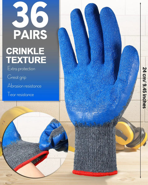 36 Pairs Rubber Work Gloves With Latex Double Coating For Tough Grip Bulk Safety Gear showing blue coated palm.