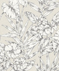 Grey Cayman Peel And Stick Wallpaper with tropical botanical design featuring hibiscus and palm fronds for accent walls.