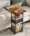 C Shaped Side Table With Charging Station And Wheels For Bedroom Living Room And Home Office Type C USB Ports And Two AC Outlets