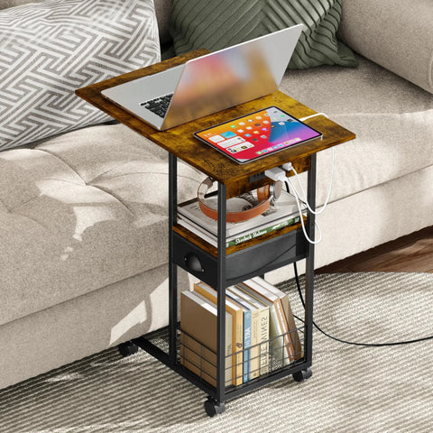 C Shaped Side Table With Charging Station And Wheels For Bedroom Living Room And Home Office Type C USB Ports And Two AC Outlets