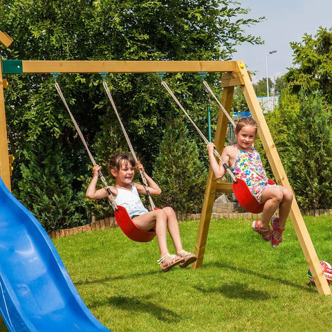 Two children on a swing set using the Beefy 10000 Lb Heavy Duty Swing Hanger Set For Indoor Outdoor Swing Sets Pack Of Four Green Weatherproof.