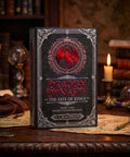 Gothic Fantasy Book Safe With Real Pages And Combo Lock Box, Crimson Dragon Crest Decor on a desk with other books and a candle.