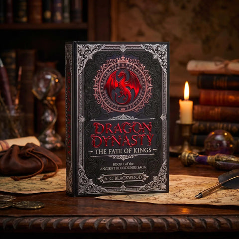 Gothic Fantasy Book Safe With Real Pages And Combo Lock Box, Crimson Dragon Crest Decor on a desk with other books and a candle.