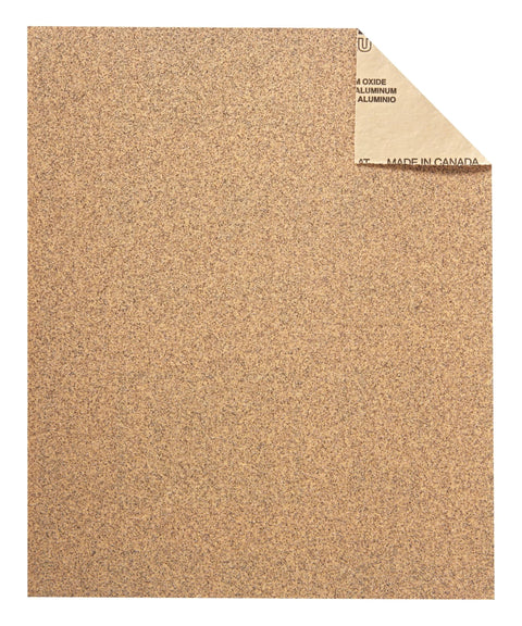 3M sandpaper sheet, 9 in x 11 in, 220 grit aluminum oxide; brown textured surface with peeled-back corner.