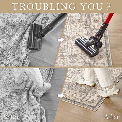 No Slip Rug Tape For Rubber Backed Rugs 12 Pack Anti Slip Rug Grips Stickers For Wood Floors Carpet And Area Rugs To Keep Them From Sliding On White Rugs shown in before and after use on a patterned rug