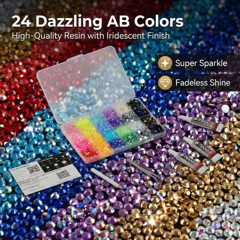Open case showing Nine Thousand Pcs Rainbow Rhinestones Bedazzling Kit with AB finish, resin gems, glue tubes, on rainbow stones.