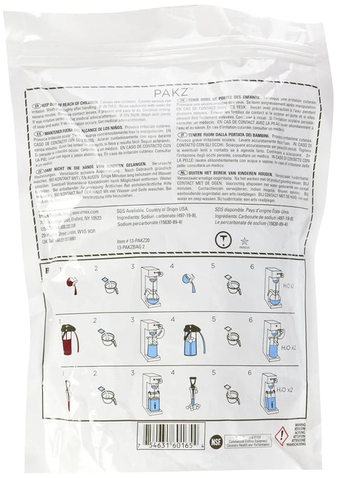 Coffee Equipment Cleaner Pack Of 20 Packets instructions on the packet back for brew basket and server cleaning; detailed guide