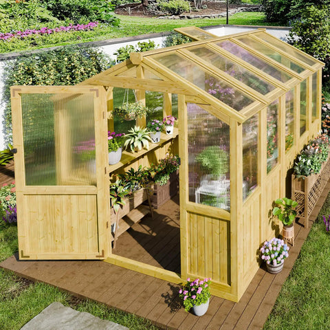 Sturdy 6x8 Ft Wood Greenhouse Kit Outdoor Heavy Duty Walk In Polycarbonate Backyard Garden Greenhouse With Adjustable Roof Vent And Reinforced Panels Easy Assembly