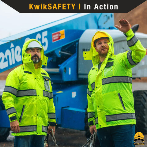 Two workers wearing Torrent Class 3 Safety Rain Jacket ANSI Tested OSHA HiVis Reflective Coat Waterproof Weatherproof Rain Gear Hideaway Hood