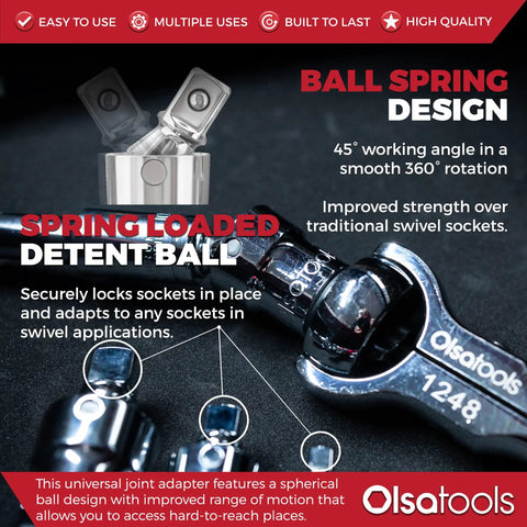 Universal Joint Set For One Half Inch, Three Eighths Inch, And One Quarter Inch Drive with swivel adapters and detent ball.
