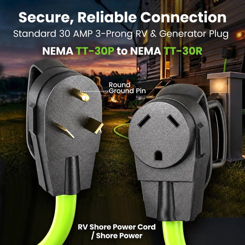 30 Amp RV Power Cord 100 Ft Heavy Duty Waterproof TT-30P To TT-30R Extension Cable For Campers And Travel Trailers Reaches Any Pedestal At Campgrounds No Adapters Needed, TT-30 plugs