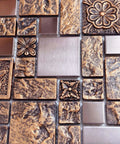Bronze Brushed Metal Mosaic Tile Set With Resin Texture, Dope Copper Tones, 12x12 Mesh Backing, perfect for decor and design.