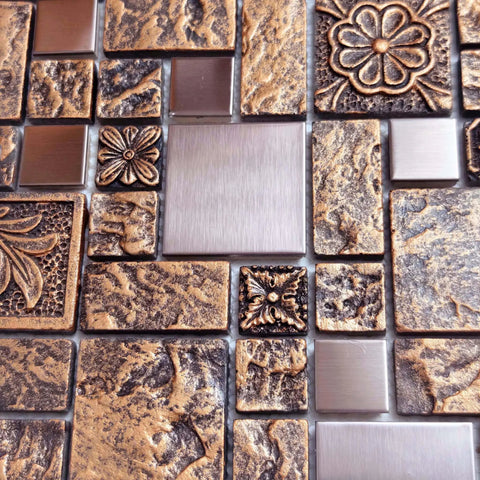 Bronze Brushed Metal Mosaic Tile Set With Resin Texture, Dope Copper Tones, 12x12 Mesh Backing, perfect for decor and design.