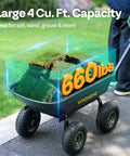Heavy Duty Garden Cart With 4 Cu Ft Dump Wagon And 660 Lb Capacity loaded with grass, showing wheels and handle on pavement.