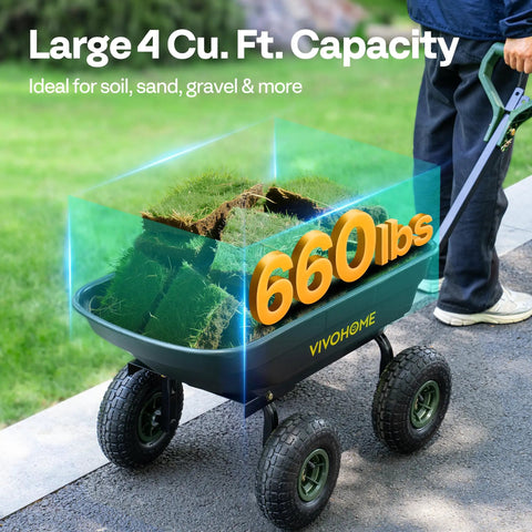 Heavy Duty Garden Cart With 4 Cu Ft Dump Wagon And 660 Lb Capacity loaded with grass, showing wheels and handle on pavement.