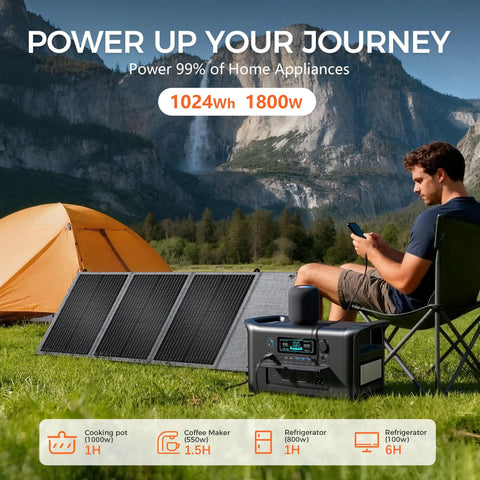Rock Solid 1800W Portable Power Station Featuring 1024Wh LiFePO4 Battery And 100W Solar Panel at campsite with tent.